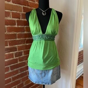 Rare Y2K Green Beaded Halter Top Coquette Fairycore Festival Fit S
